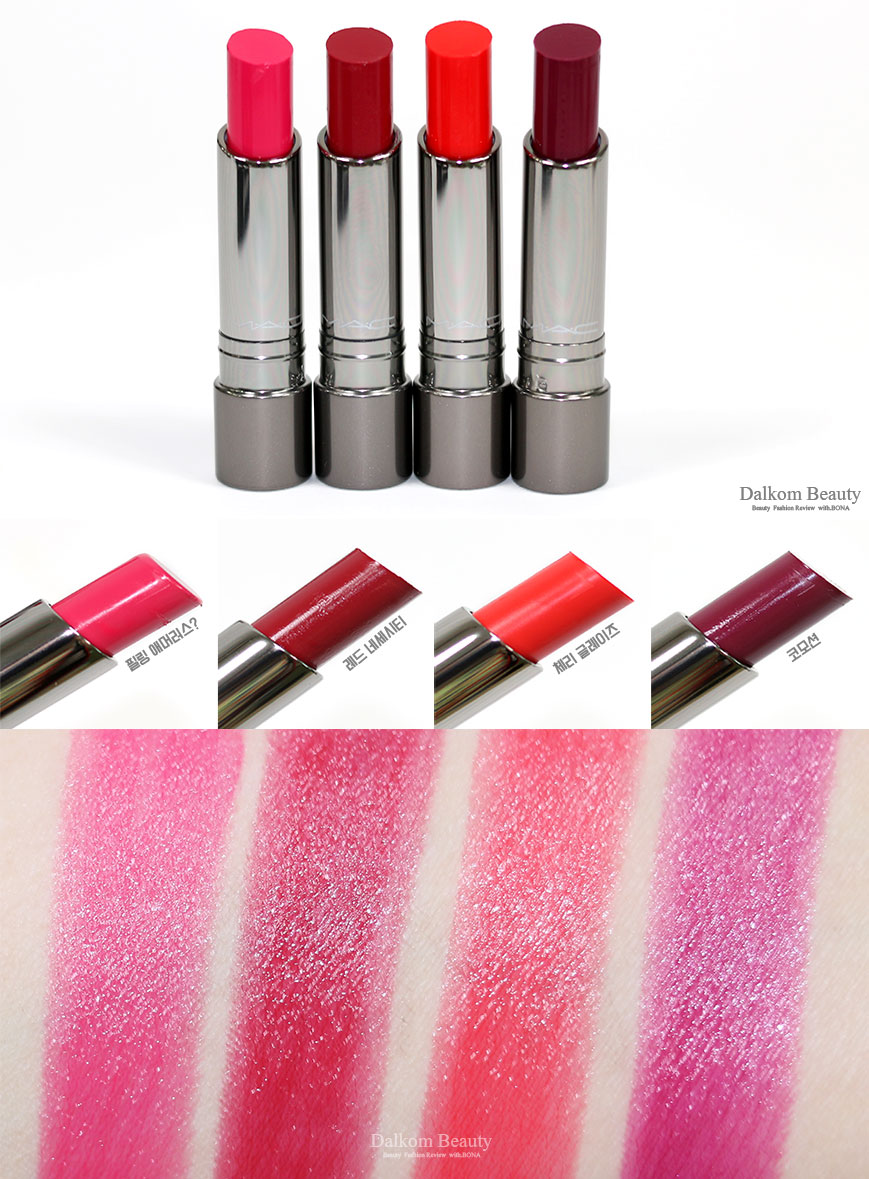 MAC Huggable 唇膏，色号feeling amorous/red necessity/commotion/cherry glaze试色