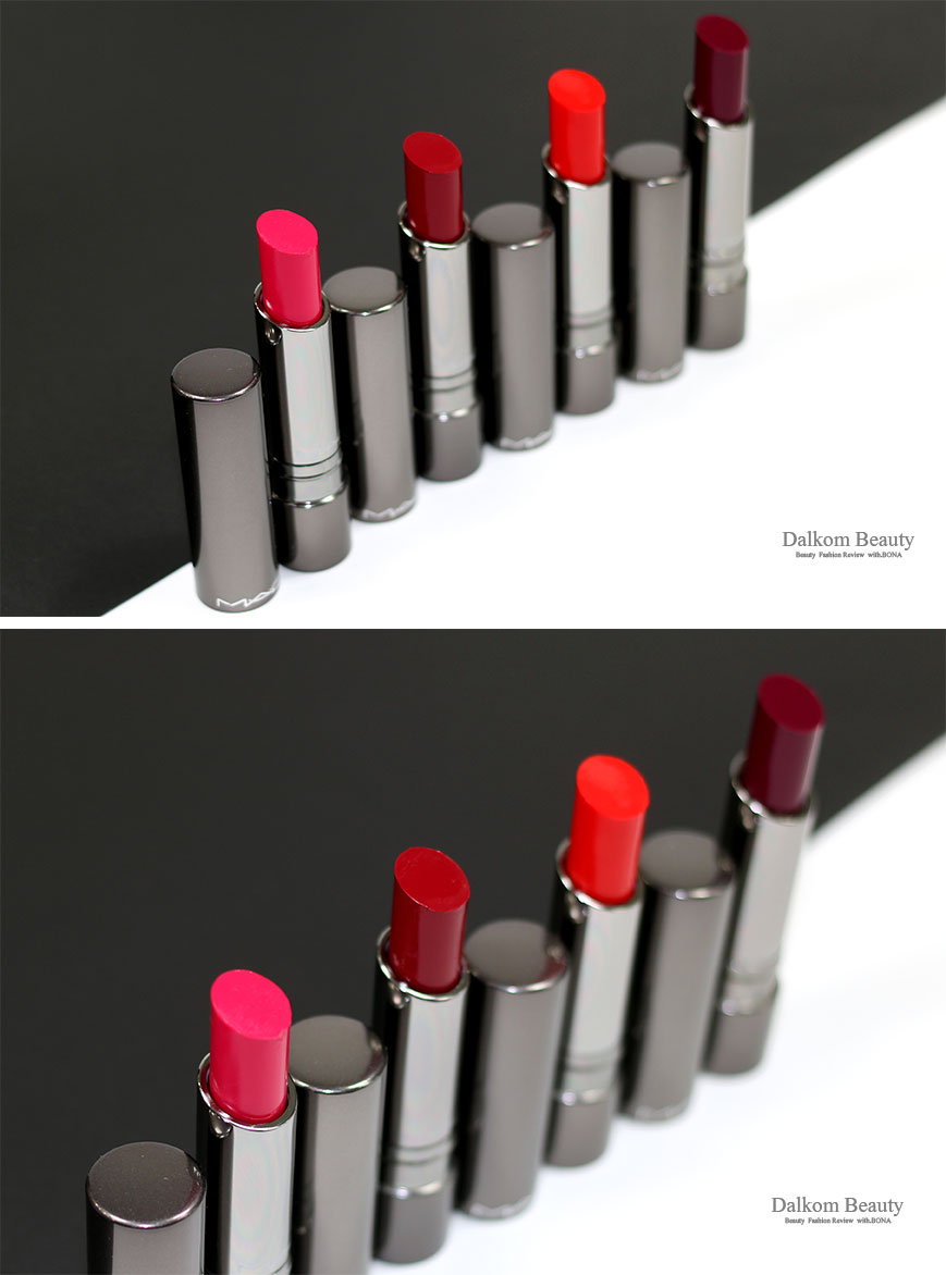 MAC Huggable 唇膏，色号feeling amorous/red necessity/commotion/cherry glaze试色