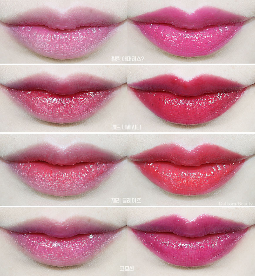 MAC Huggable 唇膏，色号feeling amorous/red necessity/commotion/cherry glaze试色