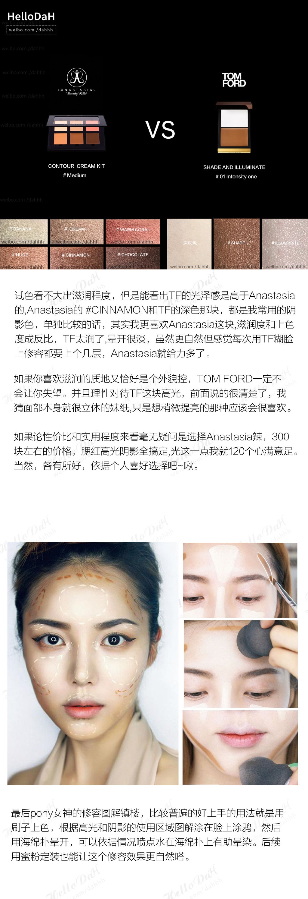 TOM FORD双色修容膏&ANASTASIA六色修容膏试色对比