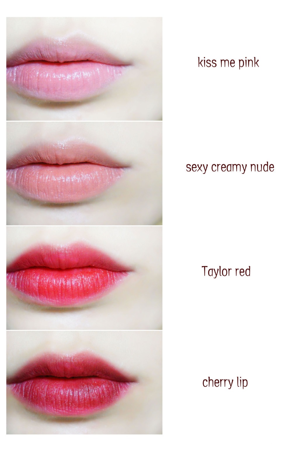 Cosluxe持久滋润雕塑口红kiss me pink、sexy creamy nude、Taylor red、cherry lip试色