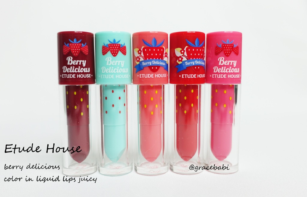 爱丽小屋草莓系列唇釉GR701、PK013、PK014、RD305、RD306试色