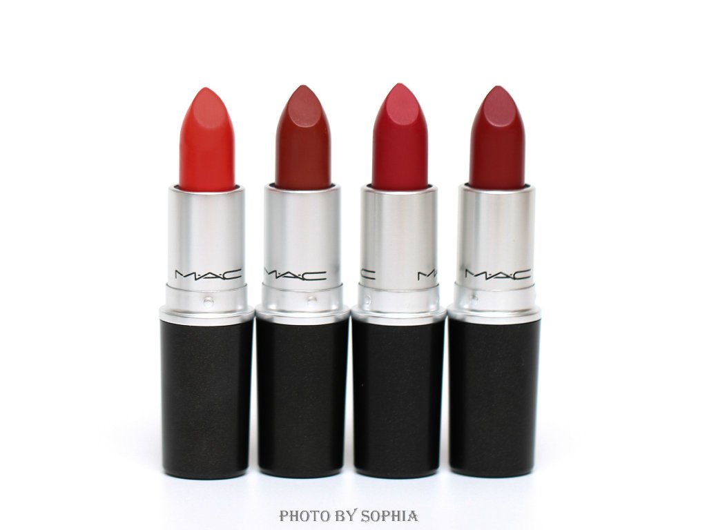 MAC经典唇膏LADY DANGER、CHILI、RUBY WOO、RUSSIAN RED试色
