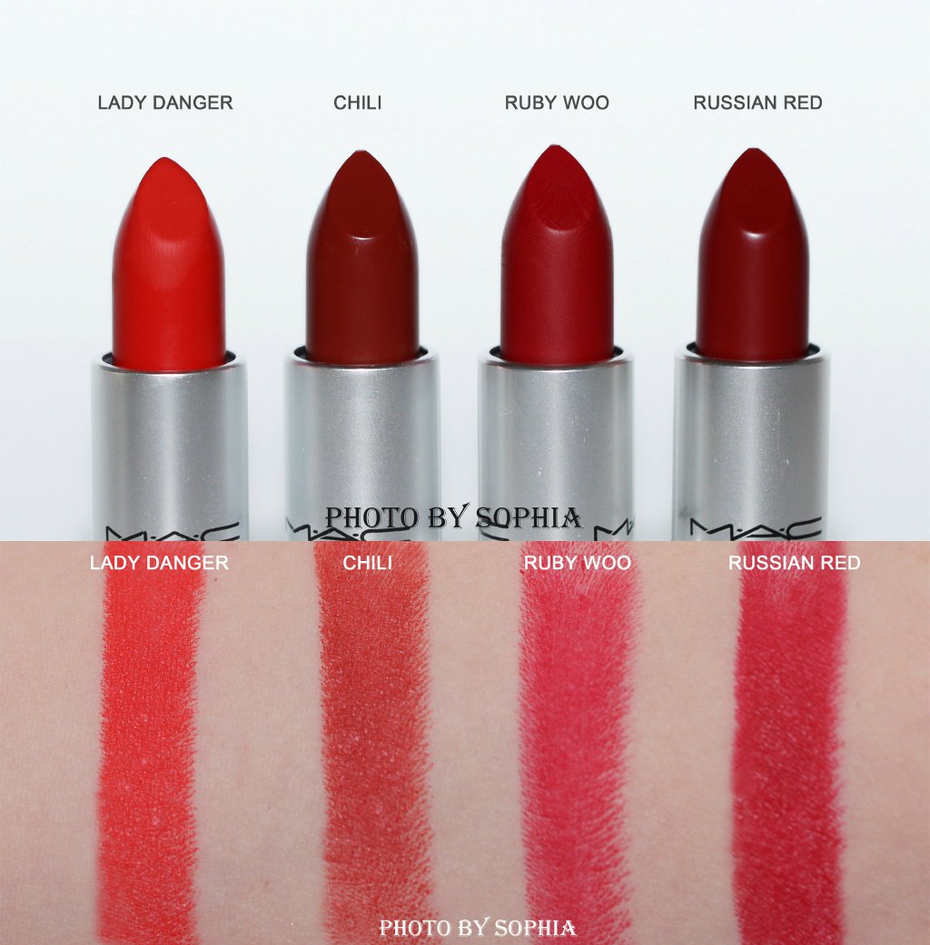 MAC经典唇膏LADY DANGER、CHILI、RUBY WOO、RUSSIAN RED试色