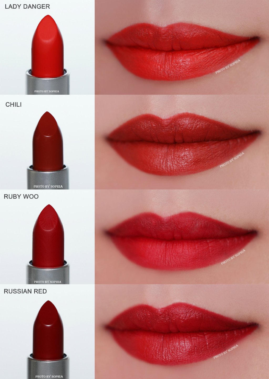 MAC经典唇膏LADY DANGER、CHILI、RUBY WOO、RUSSIAN RED试色