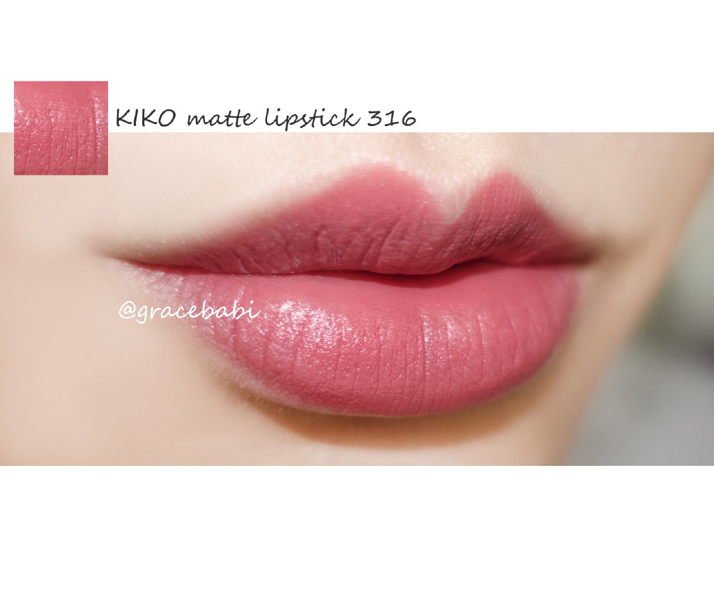kiko单色眼影46，3D唇釉12和哑光唇膏316试色