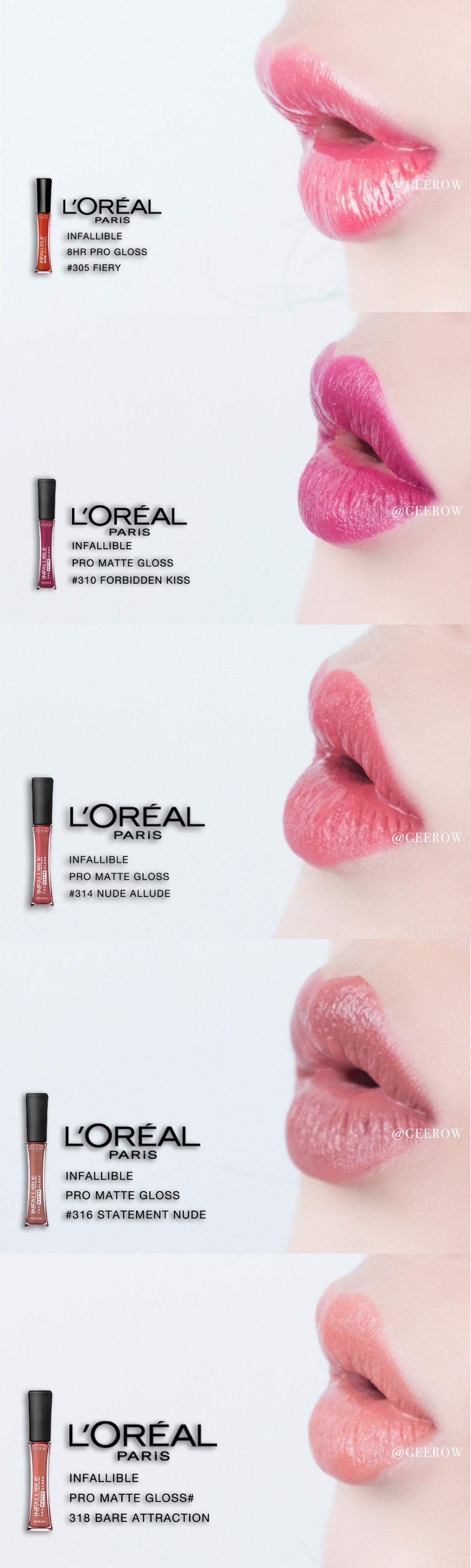 L'Oreal Infallible Pro Matte Gloss 欧莱雅哑光唇釉5支试色