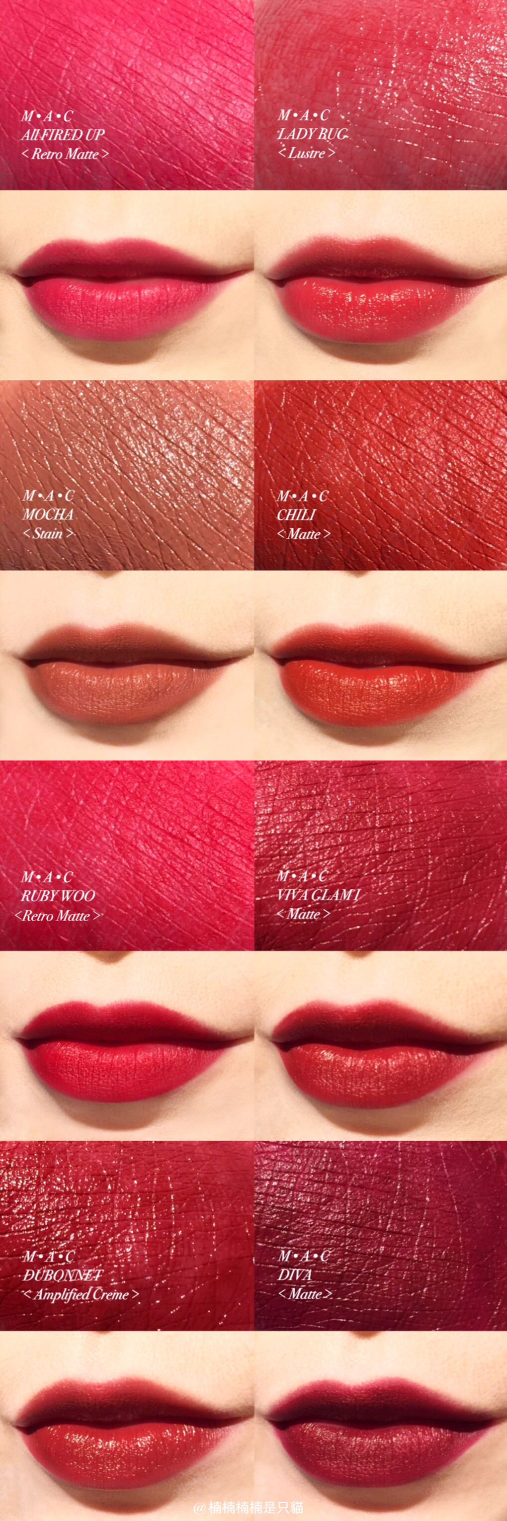 MAC子弹头ALL EIRED/LADY BUG/MOCHA/CHILI/RUBY WOO/VIVA GLAMI/DUBONNET/DIVA试色