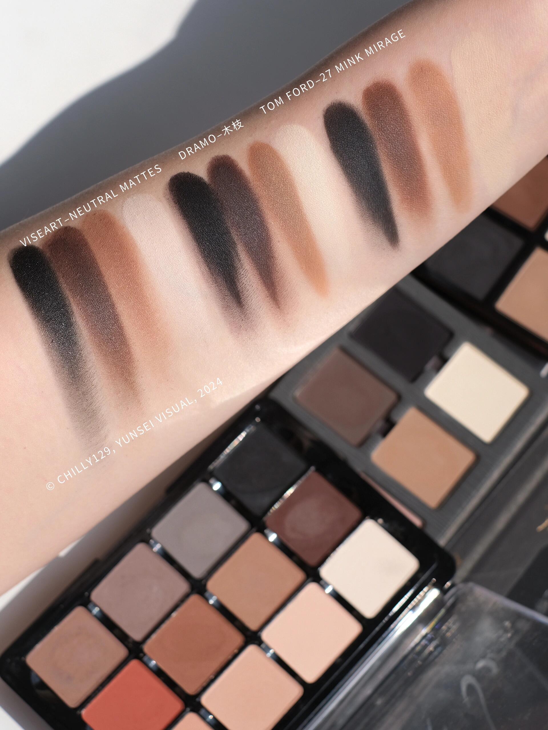 TF眼影27 Mink Mirage、viseart眼影Neutral Matte、Dramo眼影木枝试色